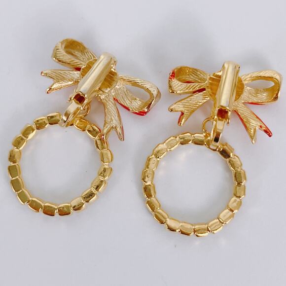 Vintage Christmas Clip On Rhinestone Wreath Earrings Red Bow Gold Tone Sparkling - Picture 9 of 13